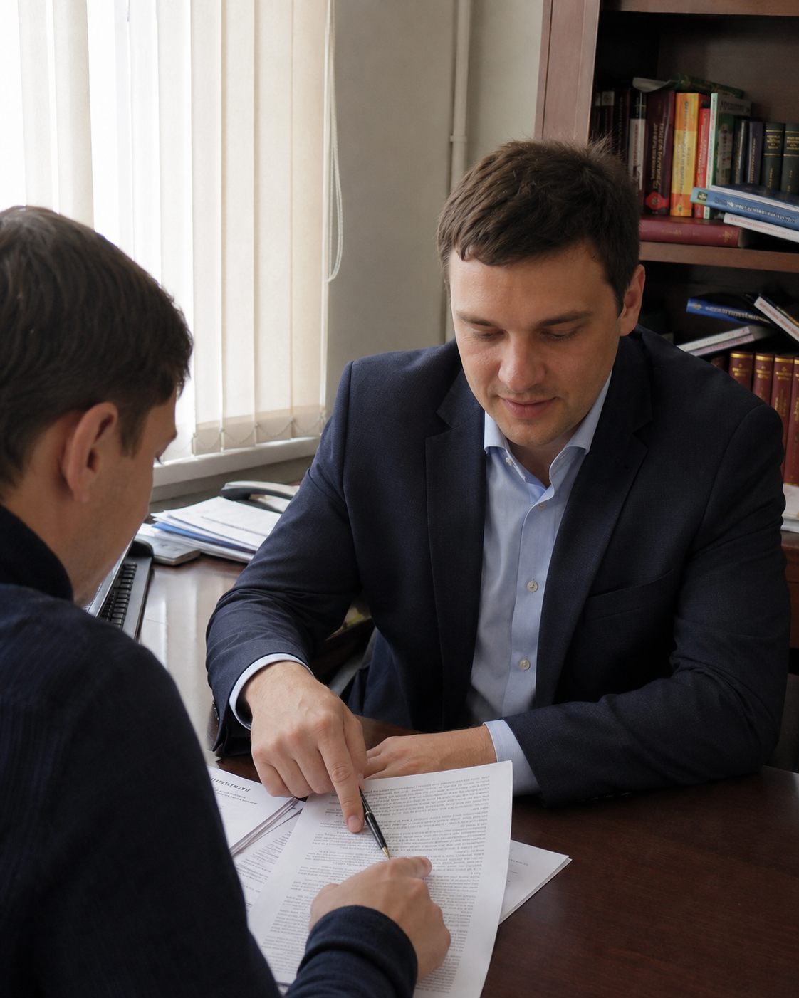 Юрист бюро обсуждает документы с клиентом за столом переговорной